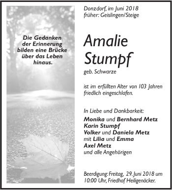 Traueranzeige von Amalie Stumpf von Geislinger Zeitung