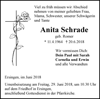 Traueranzeige von Anita Schrade von SÜDWEST PRESSE Ausgabe Ulm/Neu-Ulm