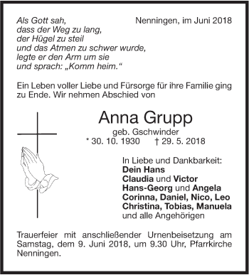 Traueranzeige von Anna Grupp von NWZ Neue Württembergische Zeitung