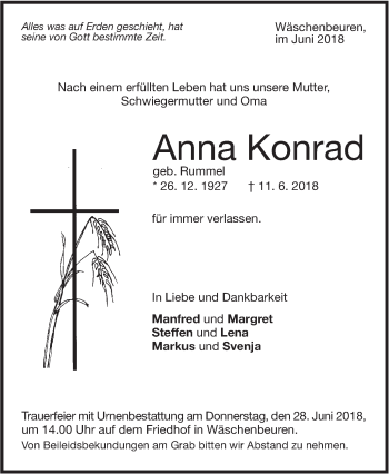 Traueranzeige von Anna Konrad von NWZ Neue Württembergische Zeitung