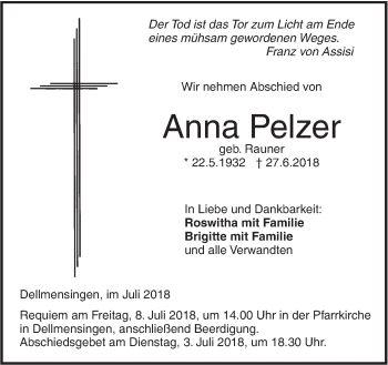 Traueranzeige von Anna Pelzer von SÜDWEST PRESSE Ausgabe Ulm/Neu-Ulm