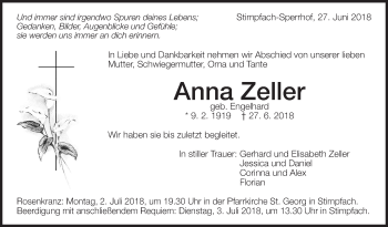 Traueranzeige von Anna Zeller von Hohenloher Tagblatt