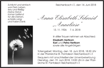 Traueranzeige von Anna Elisabeth Schmid von Geislinger Zeitung