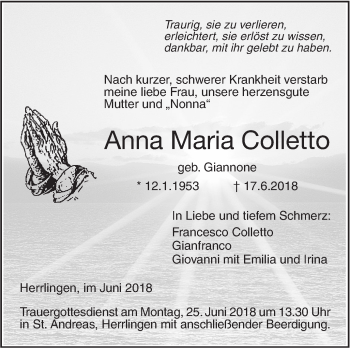 Traueranzeige von Anna Maria Colletto von SÜDWEST PRESSE Ausgabe Ulm/Neu-Ulm