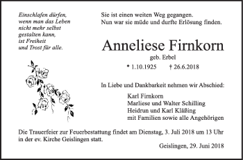 Traueranzeige von Anneliese Firnkorn von Haller Tagblatt