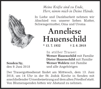 Traueranzeige von Anneliese Hauenschild von SÜDWEST PRESSE Ausgabe Ulm/Neu-Ulm