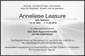 Traueranzeige von Anneliese Leasure von Hohenloher Tagblatt