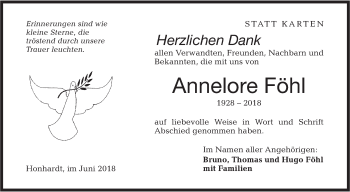 Traueranzeige von Annelore Föhl von Hohenloher Tagblatt