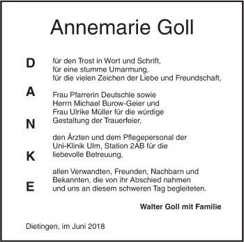 Traueranzeige von Annemarie Goll von SÜDWEST PRESSE Ausgabe Ulm/Neu-Ulm