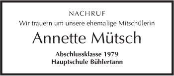 Traueranzeige von Annette Mütsch von Haller Tagblatt