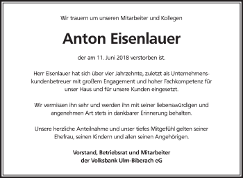 Traueranzeige von Anton Eisenlauer von SÜDWEST PRESSE Ausgabe Ulm/Neu-Ulm