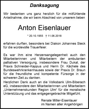 Traueranzeige von Anton Eisenlauer von SÜDWEST PRESSE Ausgabe Ulm/Neu-Ulm