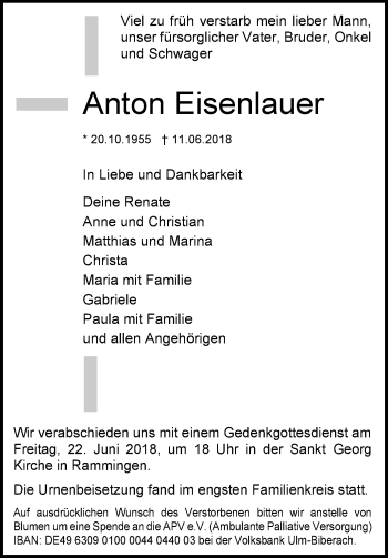 Traueranzeige von Anton Eisenlauer von SÜDWEST PRESSE Ausgabe Ulm/Neu-Ulm