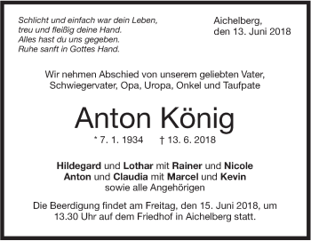 Traueranzeige von Anton König von NWZ Neue Württembergische Zeitung