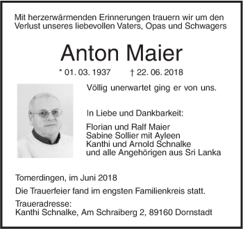 Traueranzeige von Anton Maier von SÜDWEST PRESSE Ausgabe Ulm/Neu-Ulm