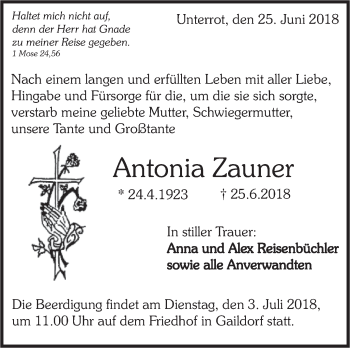 Traueranzeige von Antonia Zauner von Rundschau Gaildorf