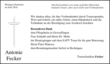 Traueranzeige von Antonie Fecker von Hohenzollerische Zeitung