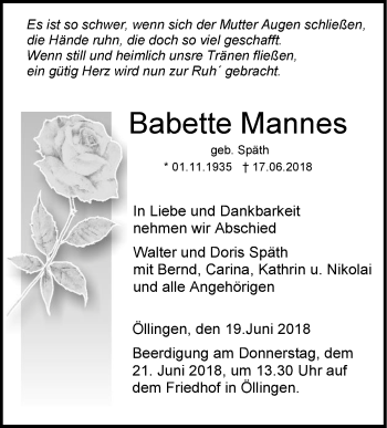 Traueranzeige von Babette Mannes von SÜDWEST PRESSE Ausgabe Ulm/Neu-Ulm