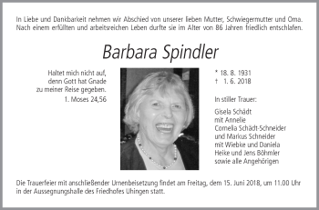 Traueranzeige von Barbara Spindler von NWZ Neue Württembergische Zeitung