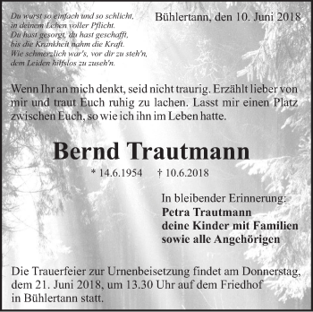 Traueranzeige von Bernd Trautmann von Haller Tagblatt