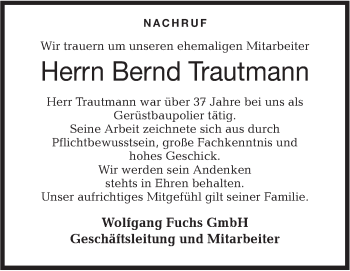 Traueranzeige von Bernd Trautmann von Haller Tagblatt