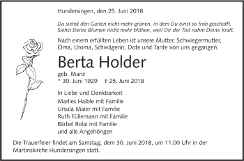 Traueranzeige von Berta Holder von Alb-Bote/Metzinger-Uracher Volksblatt