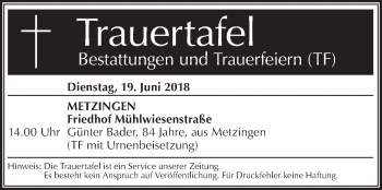 Traueranzeige von Bestattungen vom 19.06.2018 von Metzinger-Uracher Volksblatt