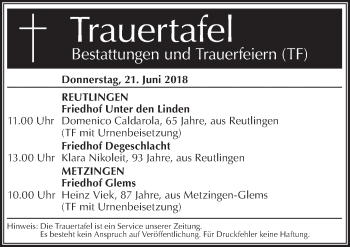 Traueranzeige von Bestattungen vom 21.06.2018 von Metzinger-Uracher Volksblatt