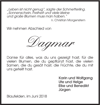 Traueranzeige von Dagmar  von Hohenloher Tagblatt