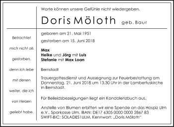 Traueranzeige von Doris Möloth von SÜDWEST PRESSE Ausgabe Ulm/Neu-Ulm