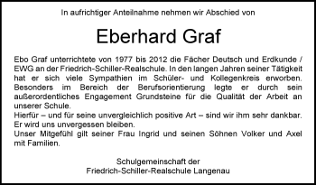 Traueranzeige von Eberhard Graf von SÜDWEST PRESSE Ausgabe Ulm/Neu-Ulm