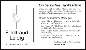 Traueranzeige von Edeltraud Leidig von Hohenloher Tagblatt