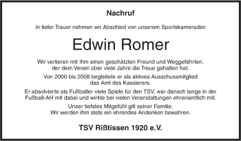 Traueranzeige von Edwin Romer von Ehinger Tagblatt