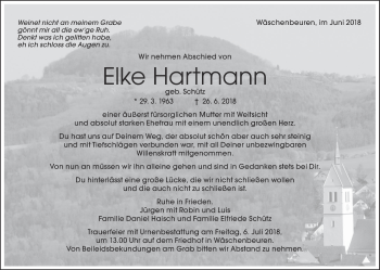 Traueranzeige von Elke Hartmann von NWZ Neue Württembergische Zeitung