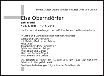 Traueranzeige von Elsa Oberndörfer von Hohenloher Tagblatt