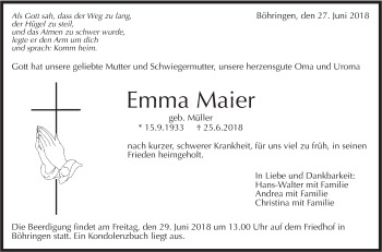 Traueranzeige von Emma Maier von Metzinger-Uracher Volksblatt