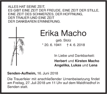 Traueranzeige von Erika Macho von SÜDWEST PRESSE Ausgabe Ulm/Neu-Ulm