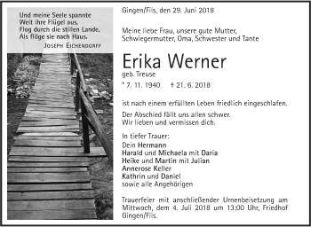 Traueranzeige von Erika Werner von Geislinger Zeitung