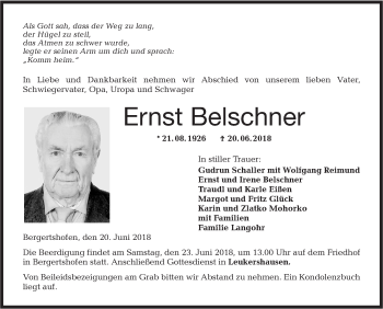 Traueranzeige von Ernst Belschner von Hohenloher Tagblatt