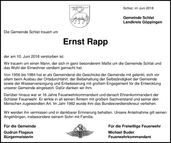 Traueranzeige von Ernst Rapp von NWZ Neue Württembergische Zeitung