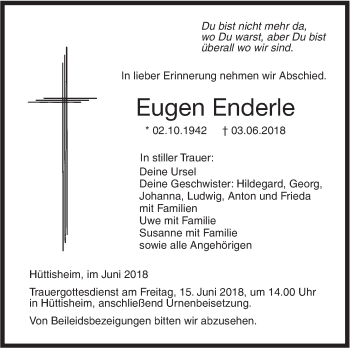 Traueranzeige von Eugen Enderle von SÜDWEST PRESSE Ausgabe Ulm/Neu-Ulm