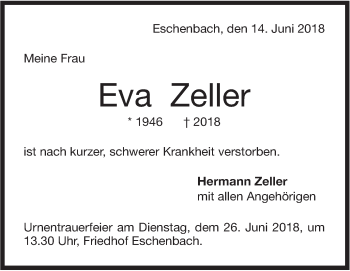 Traueranzeige von Eva Zeller von NWZ Neue Württembergische Zeitung