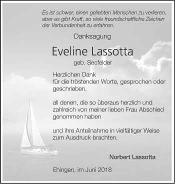 Traueranzeige von Eveline Lassotta von Ehinger Tagblatt