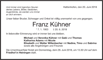 Traueranzeige von Franz Kühner von NWZ Neue Württembergische Zeitung