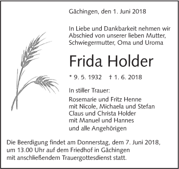 Traueranzeige von Frida Holder von Alb-Bote/Metzinger-Uracher Volksblatt