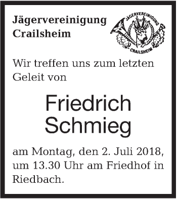 Traueranzeige von Friedrich Schmieg von Hohenloher Tagblatt