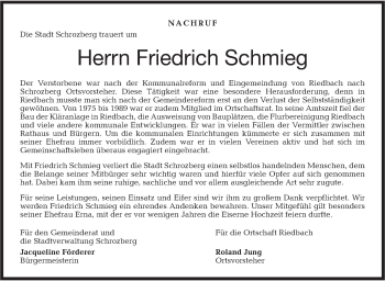 Traueranzeige von Friedrich Schmieg von Hohenloher Tagblatt