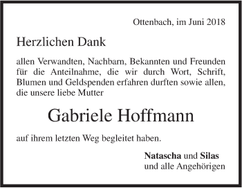 Traueranzeige von Gabriele Hoffmann von NWZ Neue Württembergische Zeitung