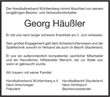 Traueranzeige von Georg Häußler von NWZ Neue Württembergische Zeitung