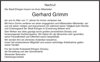 Traueranzeige von Gerhard Grimm von Ehinger Tagblatt